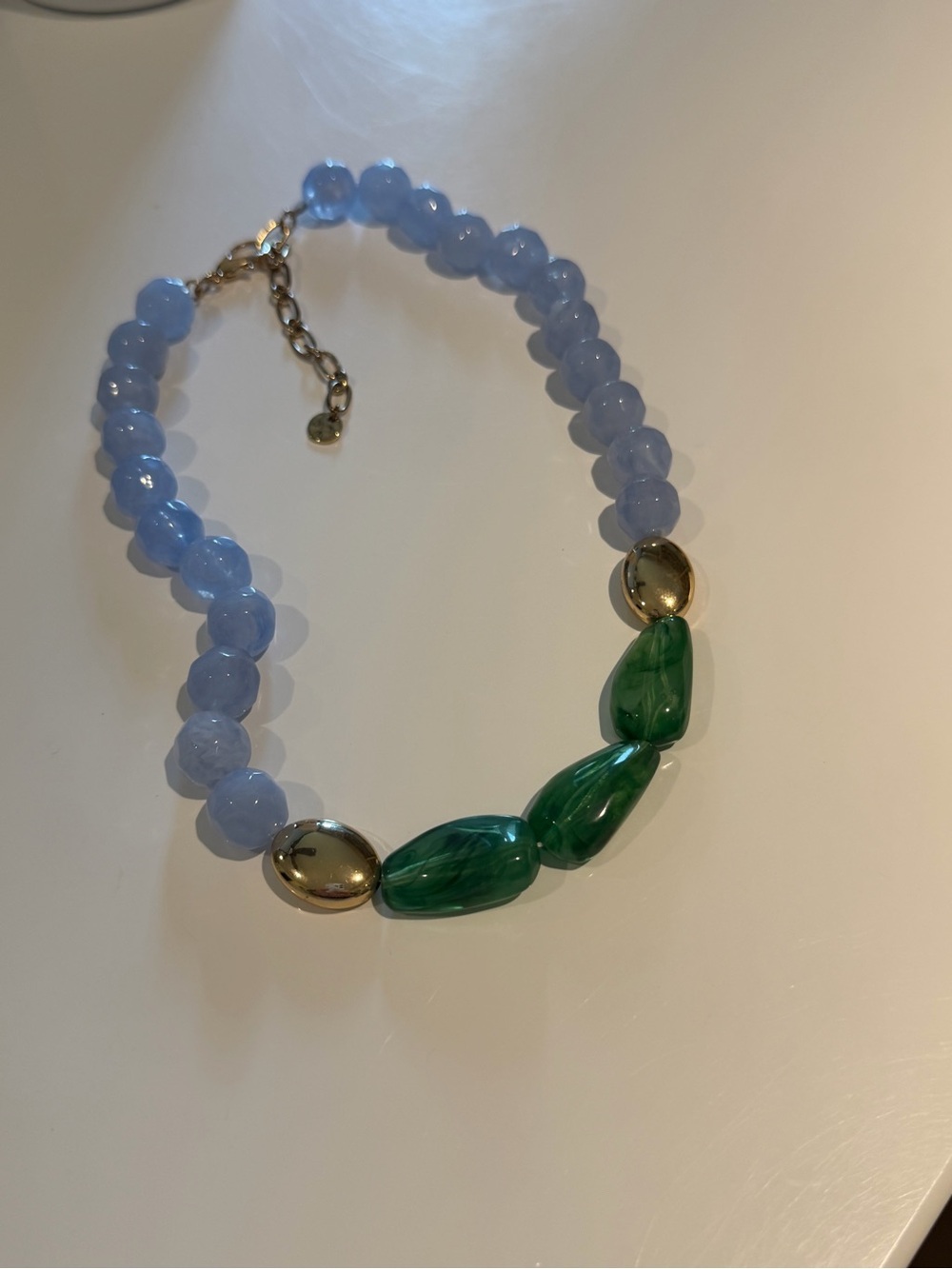 Blue and Green Beaded Statement Necklace with Gold Accents